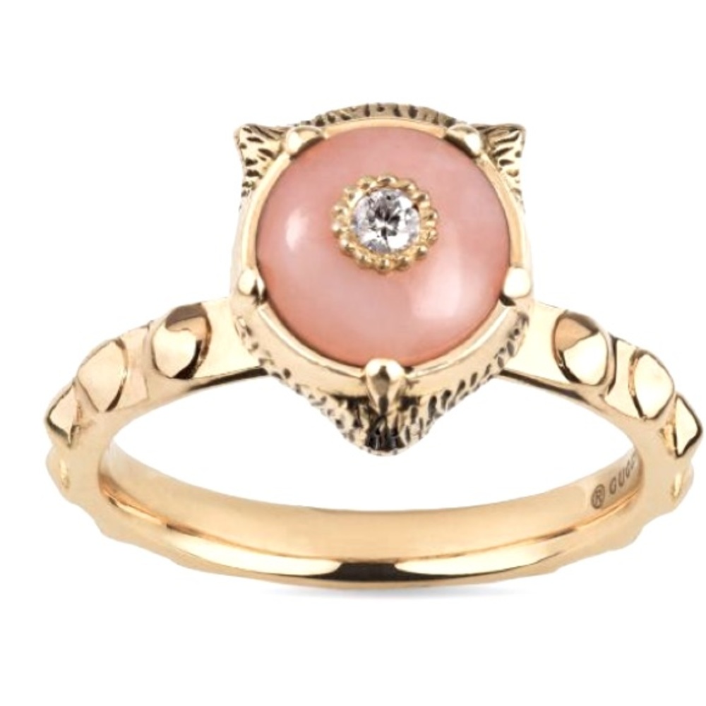 Gucci Le Marche Des Merveilles Pink Opal & Diamond Feline Head Ring 18K 6.1/2